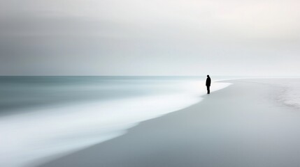 Fototapeta premium A Person Standing Alone on a Beach Next to a Body of Water - Generative AI