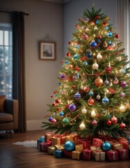 A beautifully decorated Christmas tree with colorful ornaments, beautiful arrangement, seasonal decor