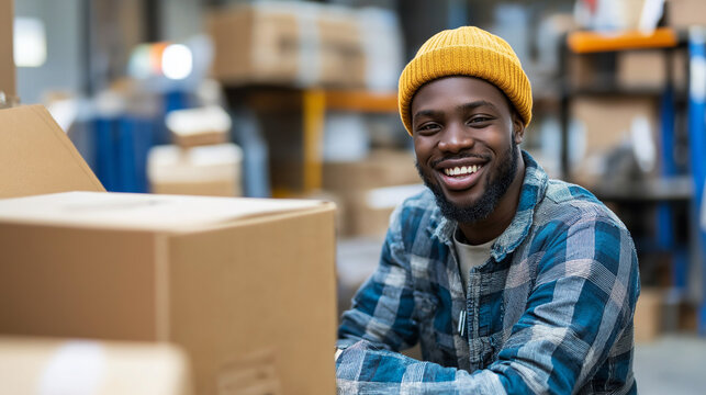 African American warehouse worker smiling with packages. Great for logistics, workplace diversity, and professional service themes.