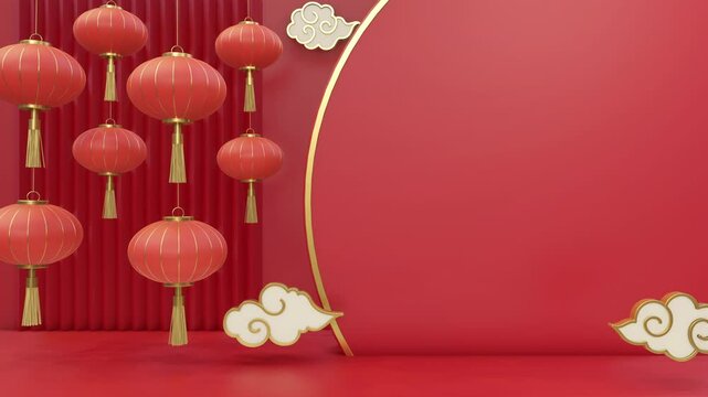 3D rendering of Chinese red lanterns with gold accents and decorative clouds on a red background, featuring space on the right for text. Perfect for festive designs.