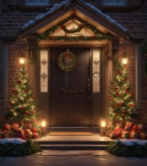 Obraz premium A beautifully decorated house with a large Christmas tree and a wreath on the front door, festive atmosphere, cozy home