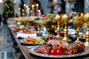 ​National King Day.Grand banquet table with golden decor and fresh gourmet dishes.