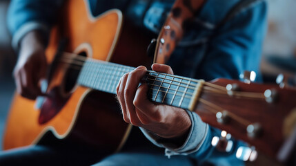 Fototapeta premium Close-up of hands playing acoustic guitar. Perfect for musical performance, artistic expression, and creative skill themes.