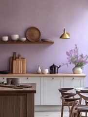Modern kitchen design with purple walls and wooden accents