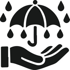 A simple, black and white graphic of a hand holding an umbrella, with rain drops falling around it.