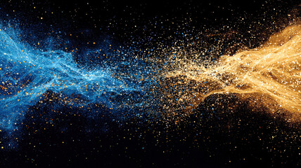 A dynamic composition of flying particles in shades of blue and gold, creating an energetic and vibrant effect. The particles appear in motion, with glowing highlights and a sense of depth and movemen