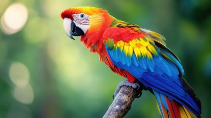 Obraz premium Colorful parrot perched on a branch in a lush green forest, showcasing its