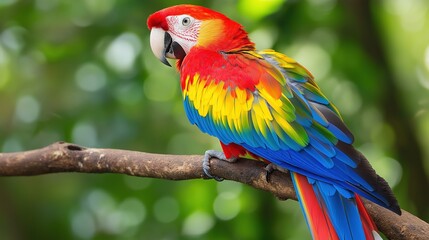 Fototapeta premium Colorful parrot perched on a tree branch in a lush tropical rainforest during the day