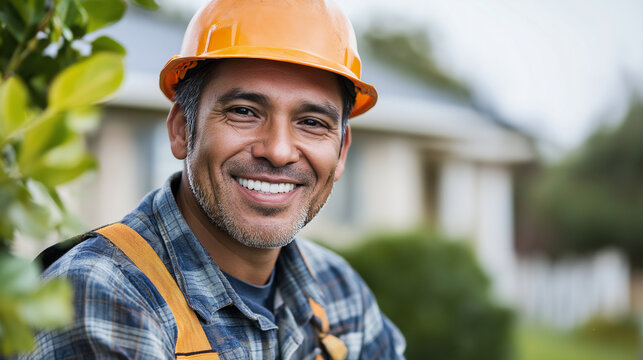 Latino construction worker smiling in safety gear. Perfect for workplace diversity, construction industry, and professional expertise themes.