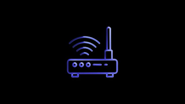 Glowing neon line Router and wi-fi signal icon isolated on black background. Wireless ethernet modem router. Computer technology internet. 4K Video motion graphic ..