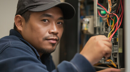 Asian technician working on electrical wiring. Ideal for technical maintenance, professional expertise, and skilled labor themes.