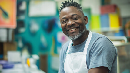 Senior African American craftsman smiling in workshop. Great for skilled trades, professional expertise, and workplace diversity themes.