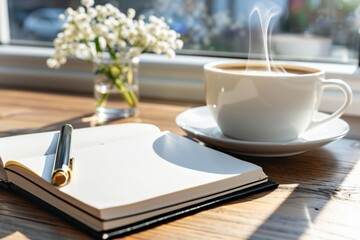 National Handwriting Day.Close-up of hands writing in a notebook with a cup of coffee.