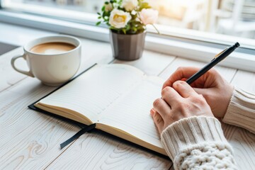 National Handwriting Day.Close-up of hands writing in a notebook with a cup of coffee.