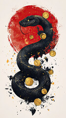 Golden Dragon or Golden Snake illustration design, minimalist, graphic design, clear scales, writhing body, white background, gold foil paper brush marks