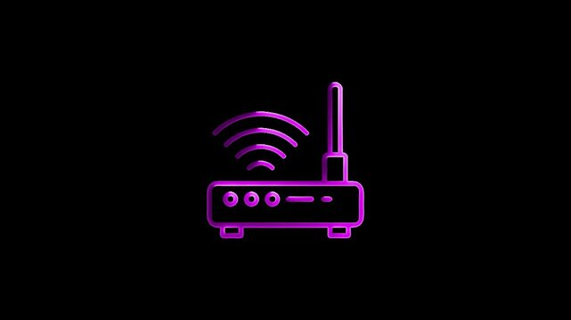 Glowing neon line Router and wi-fi signal icon isolated on black background. Wireless ethernet modem router. Computer technology internet. 4K Video motion graphic ..