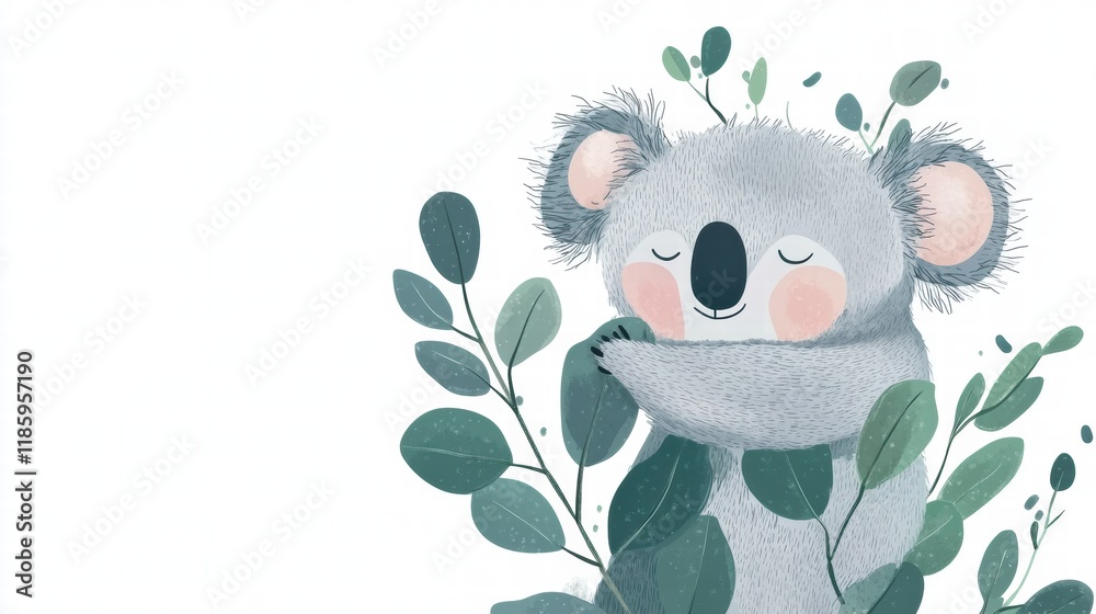 Poster koala hugs green leaves while enjoying a sunny afternoon in a serene forest environment. generative 