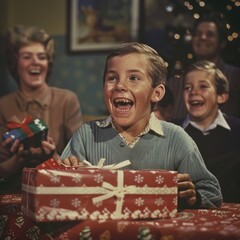 A vintage photo of an excited boy opening his Christmas present