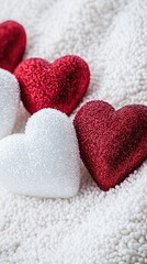 Fototapeta premium Red and white hearts on textured background. Valentine's Day concept.
