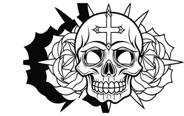 Gothic Skull with Crosses and Roses