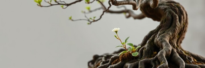 Fototapeta premium A delicate wild sprout blooms near the base of an ancient, twisted bonsai tree, wild sprout, tree