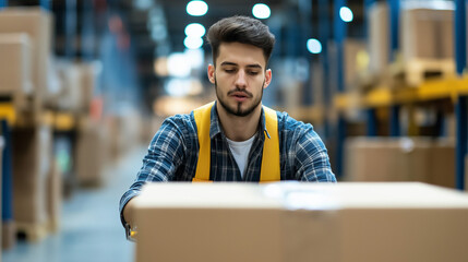 Warehouse worker handling shipping boxes. Perfect for logistics operations, distribution work, and professional service themes.