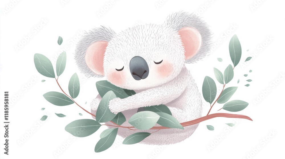 Poster cute koala resting peacefully on a branch while surrounded by leafy greenery in a serene natural set