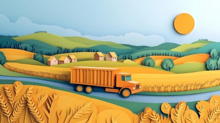Charming Illustration of a Cargo Truck in a Landscape