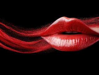 Close-up of red lips with a creative abstract effect of red powder or particles floating away.