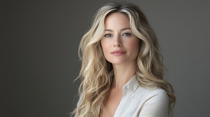 Fototapeta premium Portrait of a lady looking beautiful woman, hair, beauty, face, model, blond, fashion, eyes, blonde, person, smile, people, smiling, studio, one, looking, long, glamour, makeup, skin, lips, girls, lad