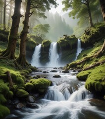 A fast-moving mountain river rushes past the waterfalls and moss-covered tree trunks , waterfall, rapids, lush vegetation