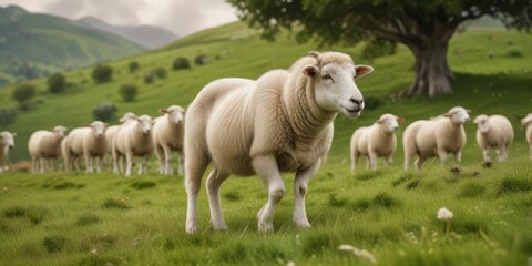Fototapeta premium A flock of white sheep grazing on a lush green meadow with brown sheep in the background, green field, pasture