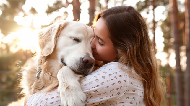 ​National Hugging Day.Girl peacefully hugging her golden retriever while sleeping on a soft surface.