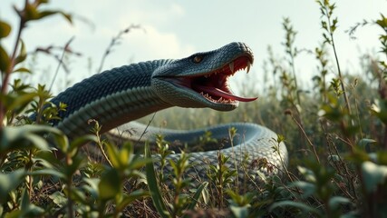 Obraz premium A giant snake slithers through the underbrush its forked tongue darting in and out as it searches for prey, leaves, hunting