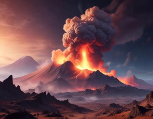 A glowing gas cloud suspended above a volcanic landscape on a distant world, lava, fire