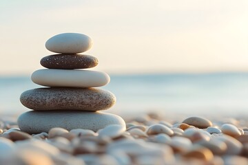 Beach sunset serenity stacked stones, ocean background, meditation