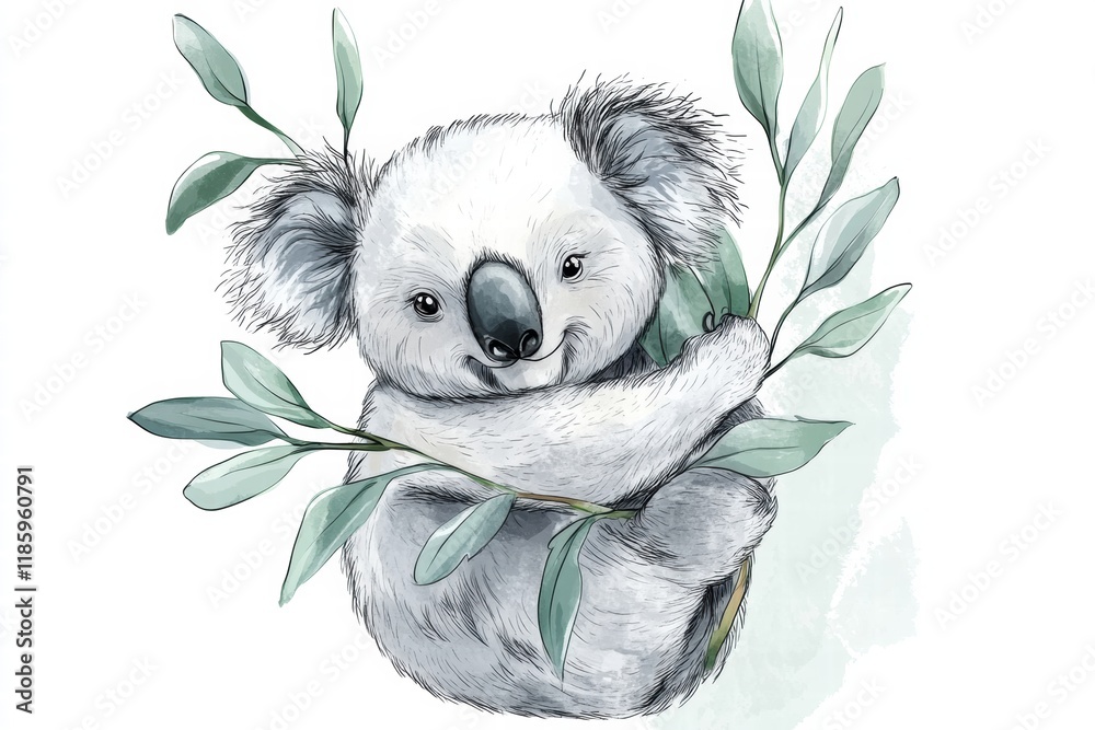 Leinwandbilder cute koala hugging leaves while perched on a branch in a serene natural setting during daylight hour
