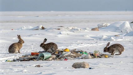 Fototapeta premium A group of angry rabbits rummaging through trash or debris on a desolate white landscape, furious animals, illustration style