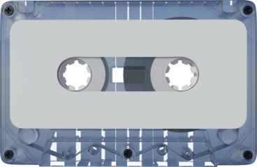 blue cassette with transparent casing, highlighting white reels, rectangular window, and intricate internal details against transparent background. Concept of nostalgia, multimedia, technology. Ad