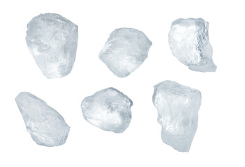 Clear ice rocks arranged on a clean white background, capturing the textures and transparency of...