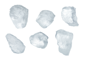 Clear ice rocks arranged on a clean white background, capturing the textures and transparency of the ice. The minimalistic composition highlights the purity and natural shapes