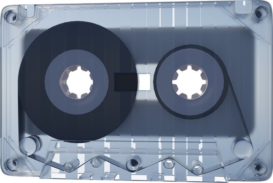 Blue cassette with transparent casing and white central label, showcasing inner mechanisms and glossy appearance against transparent background. Concept of nostalgia, multimedia, technology. Ad