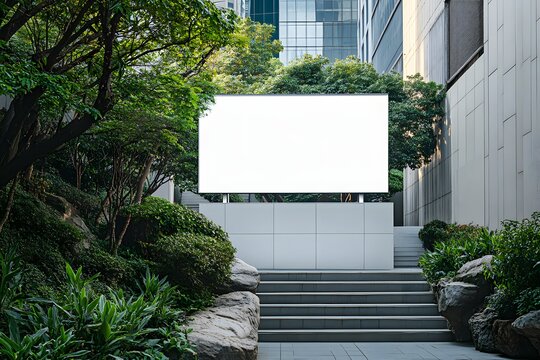 Blank billboard, urban park, city backdrop, advertising mockup