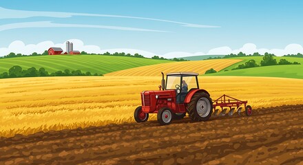 Fototapeta premium Tractor plowing the field on rural landscape background. Agriculture concept. Vector illustration. 
