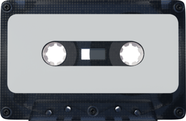 Black cassette with large white label in middle, highlighting visible reels and central rectangular window in textured casing against transparent background. Concept of multimedia, technology. Ad