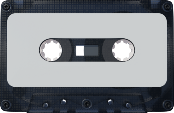 Black cassette with large white label in middle, highlighting visible reels and central rectangular window in textured casing against transparent background. Concept of multimedia, technology. Ad