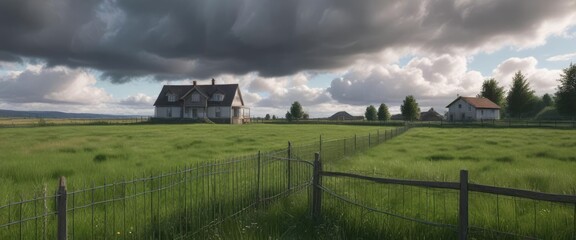 A beautiful landscape of a fenced-in field with a house in the distance under a cloudy sky, farm life, green fields, cloudy sky
