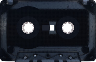Fototapeta premium Black audio cassette with fully textured surface, featuring white reels and small rectangular window in center against transparent background. Concept of nostalgia, multimedia, technology. Ad