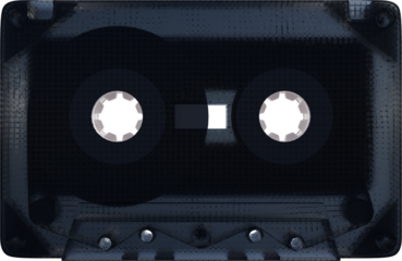 Black audio cassette with fully textured surface, featuring white reels and small rectangular window in center against transparent background. Concept of nostalgia, multimedia, technology. Ad