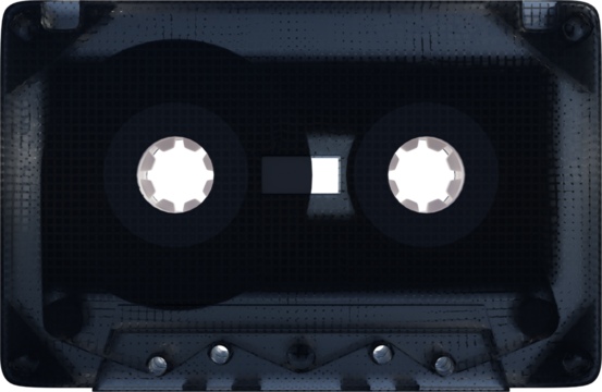 Black audio cassette with fully textured surface, featuring white reels and small rectangular window in center against transparent background. Concept of nostalgia, multimedia, technology. Ad